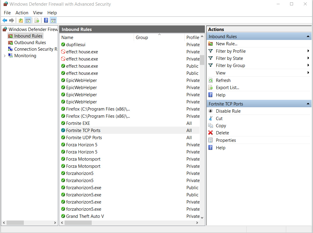 Windows Defender Firewall TCP Ports for Fortnite